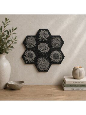 Hexagonal Flower Tiles Set of 7 Engraved Flowers 3" Mosaic Tile